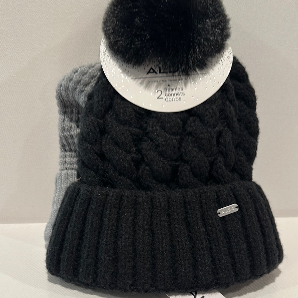 NWT Aldo (2) Piece Beanies in Black and gray. Black is fully line with Pompom.